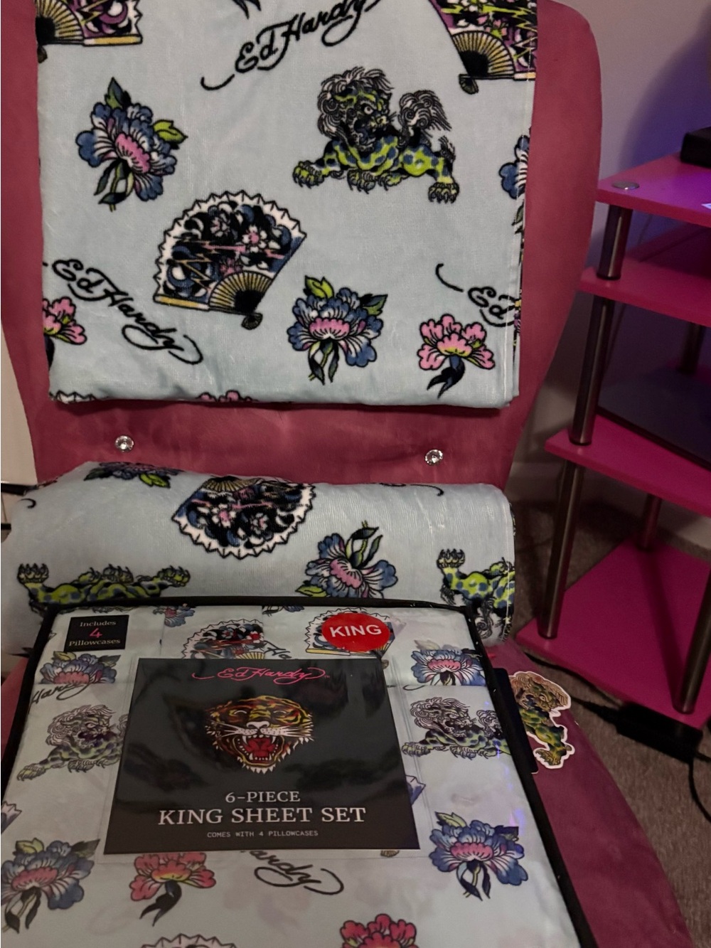 Ed Hardy Light Blue Floral & Tattoo Motif King Sheet Set